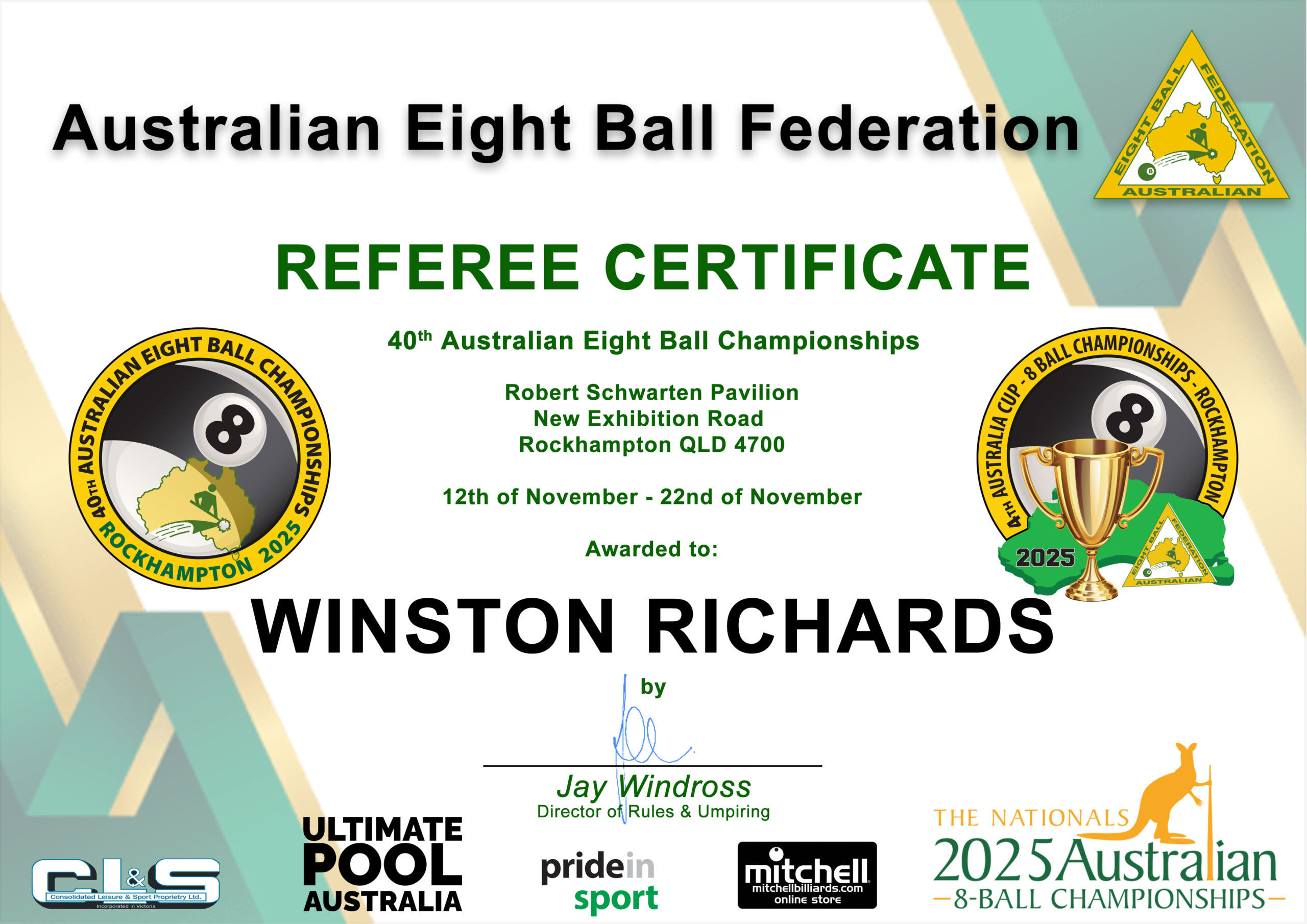 Referee Certificate 2025 Winston Richards